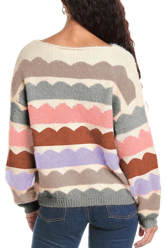 Rose Red Wave Striped Balloon Sleeve Drop Shoulder Sweater