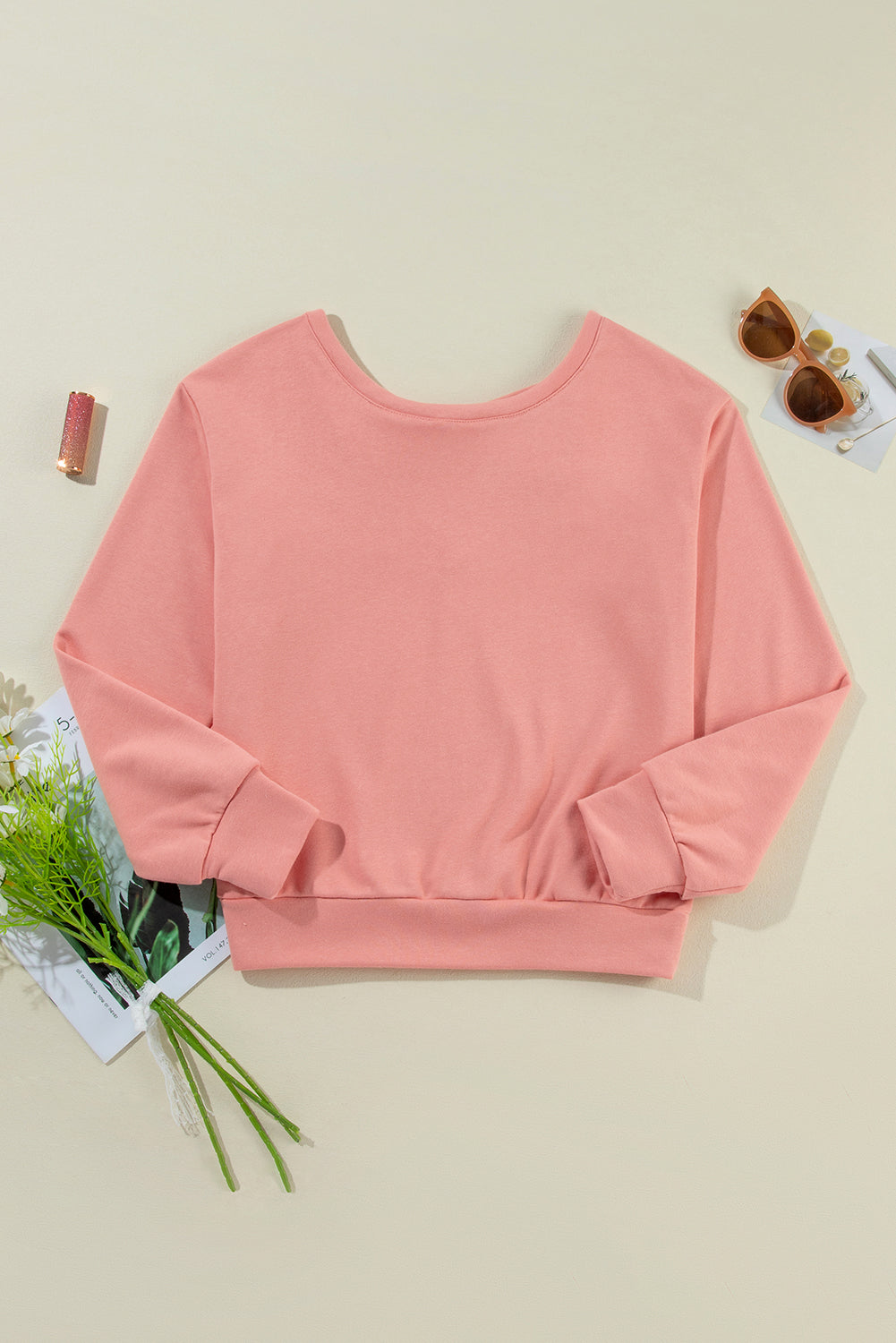 Apricot Bowknot Dewback Round Neck Sweatshirt