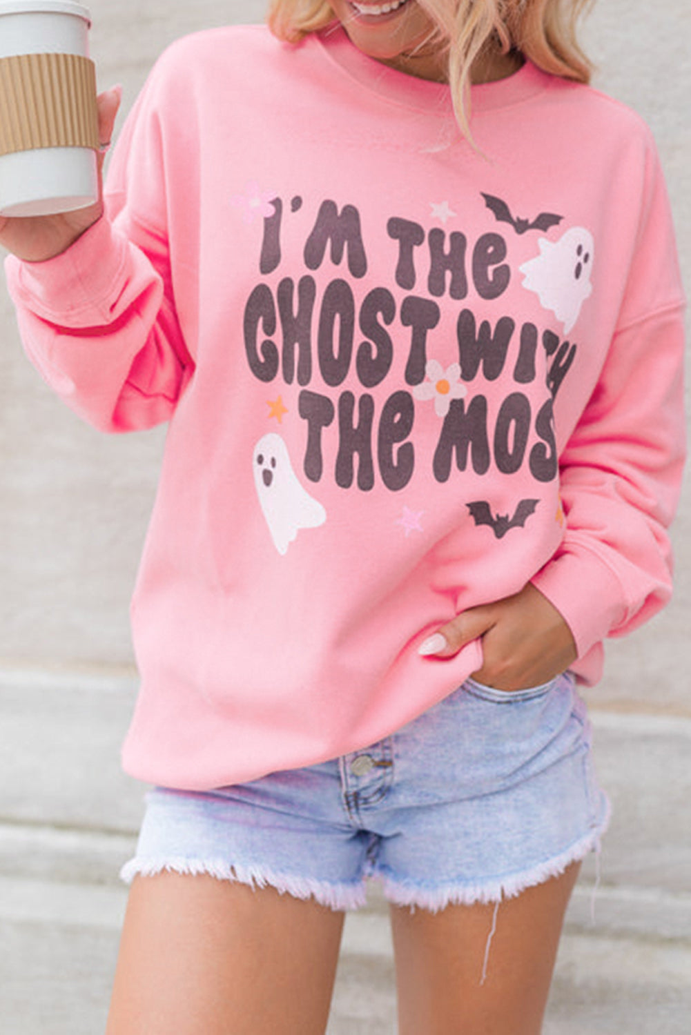 Halloween "Ghost With The Most" Pink Graphic Sweatshirt