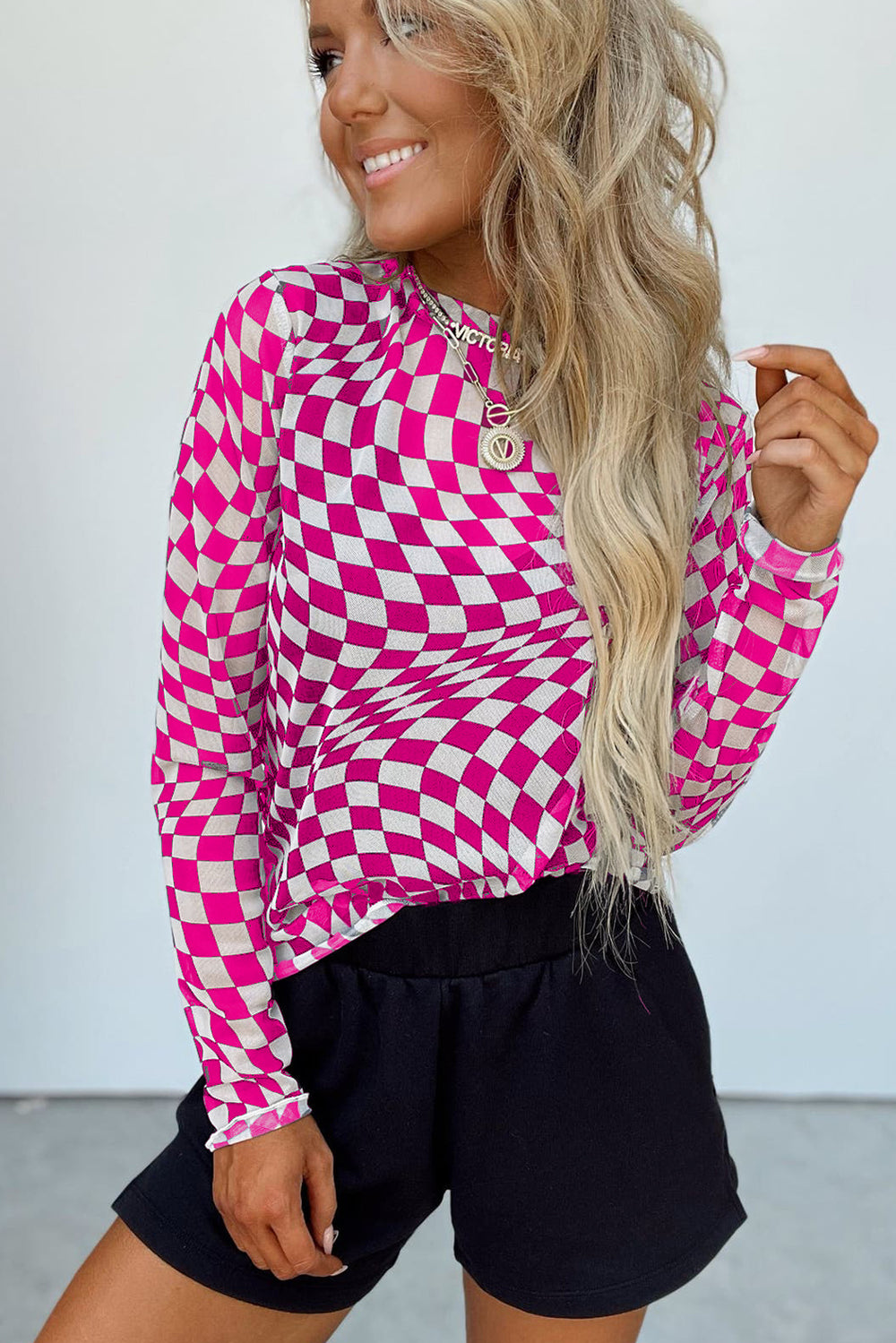 Checkered Sheer Long Sleeve Mesh Top