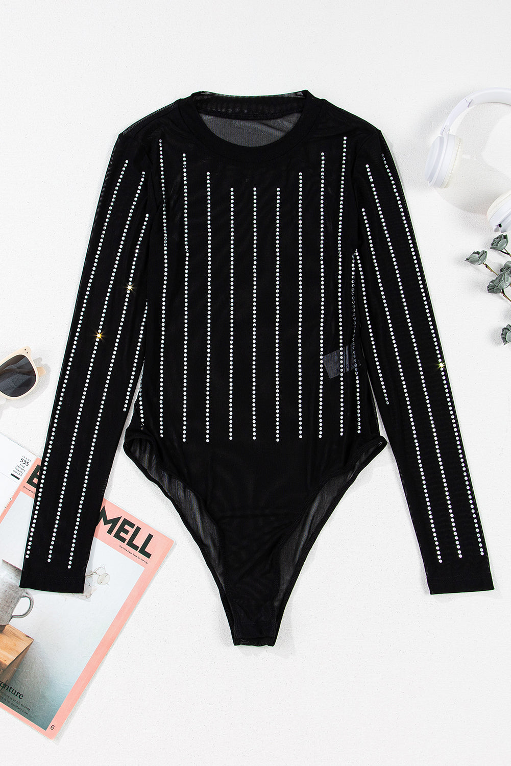  Rhinestone Striped Mesh Long Sleeve Bodysuit