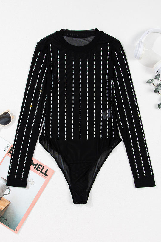  Rhinestone Striped Mesh Long Sleeve Bodysuit