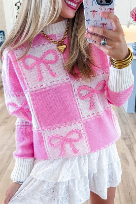 Checkered Pink Bow Knots Sweater