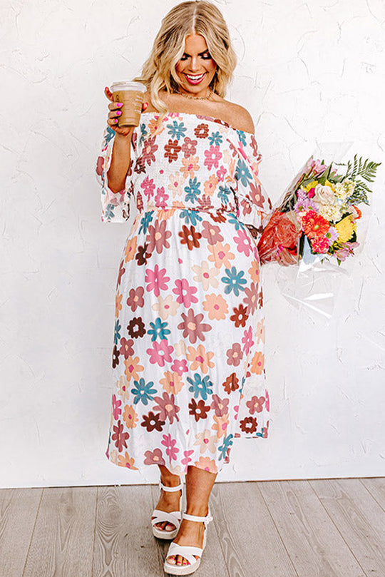 White Plus Size Spring Flower Off Shoulder Dress