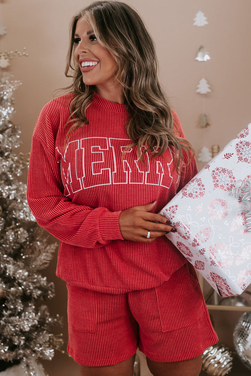 Plus Size Christmas Corduroy "MERRY" Red Long Sleeve Shorts Set