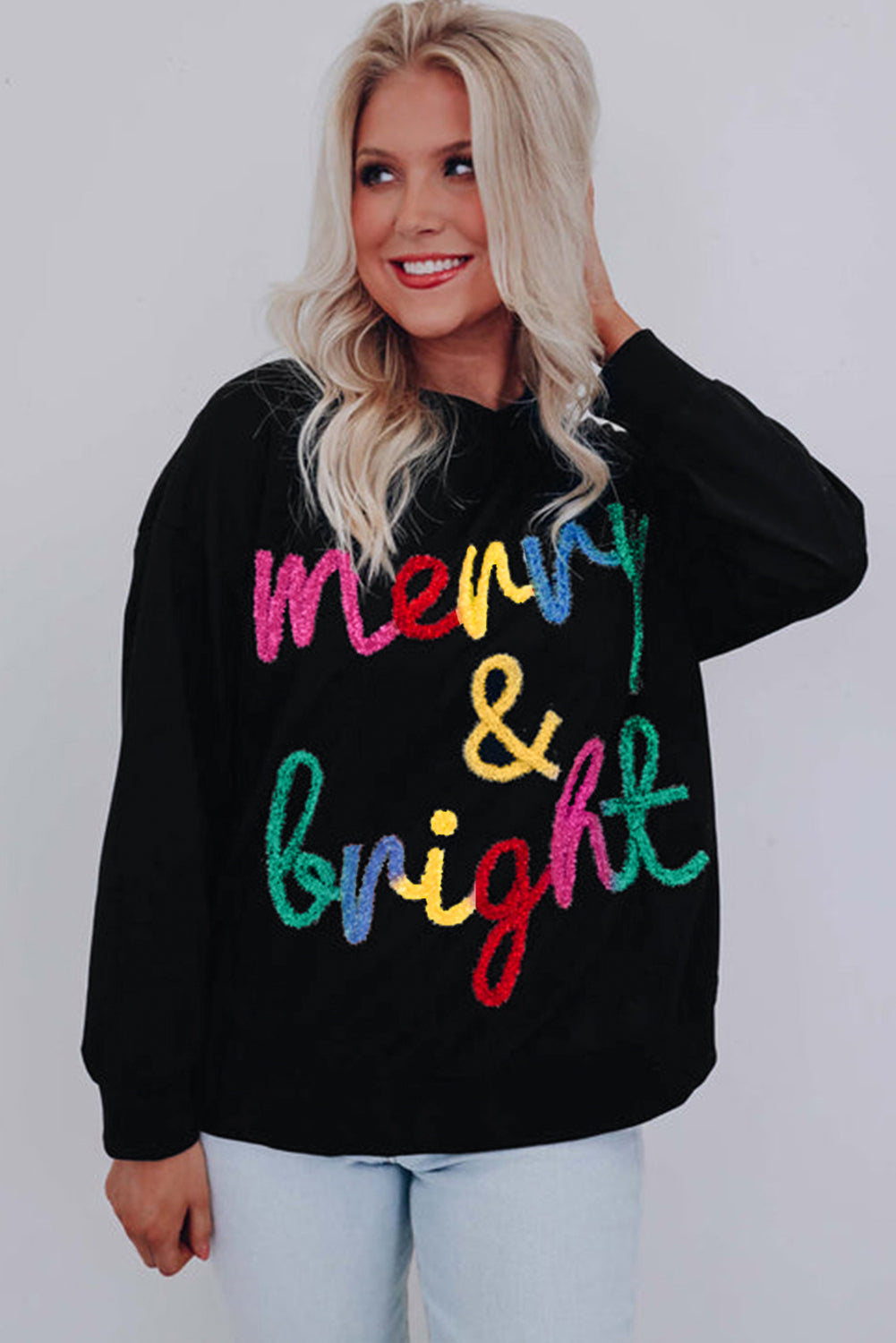  Colorful "Merry & Bright" Tinsel Christmas Graphic Sweater