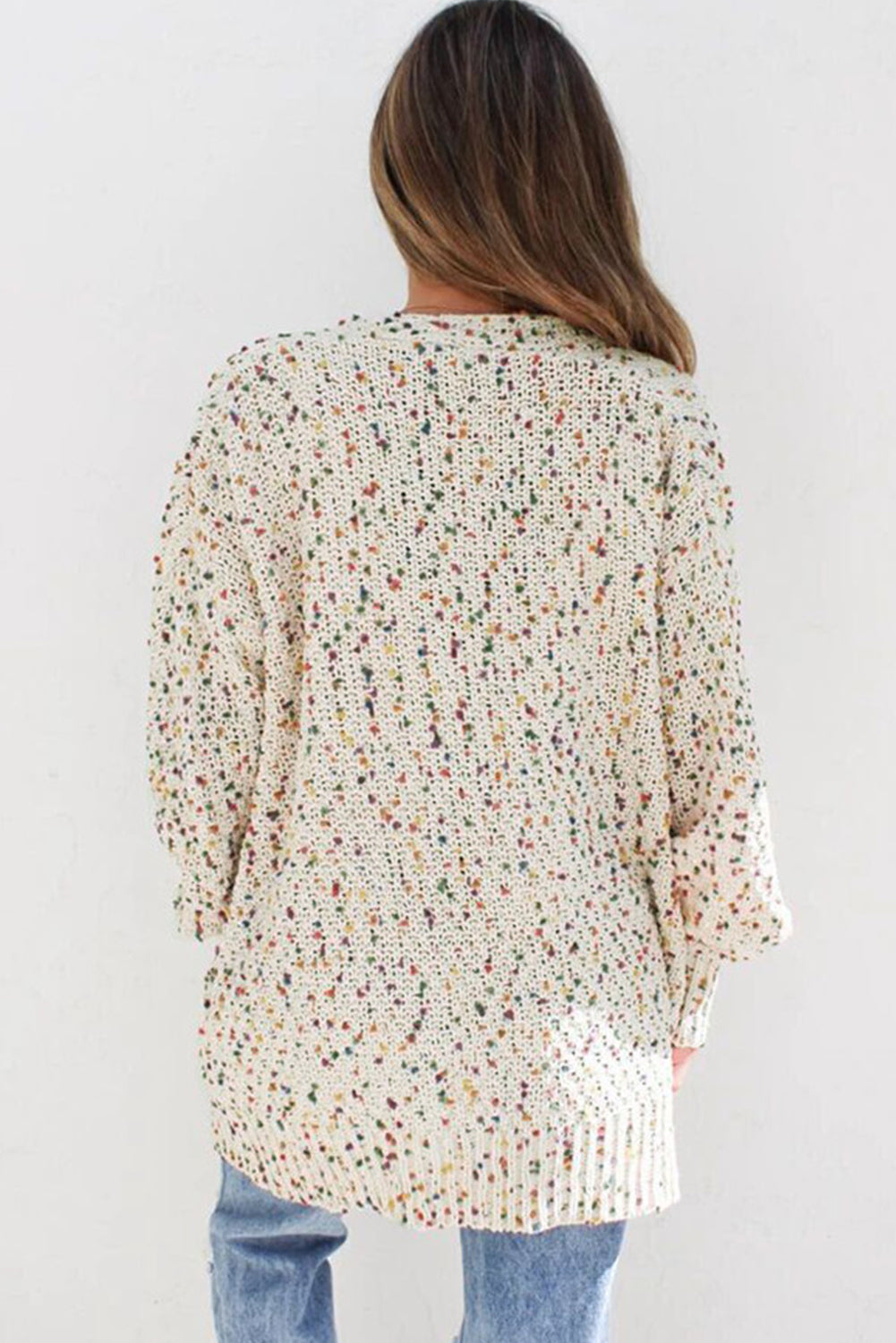 Dotted Multicolor Dotted Cream Knit Long Sleeve Cardigan