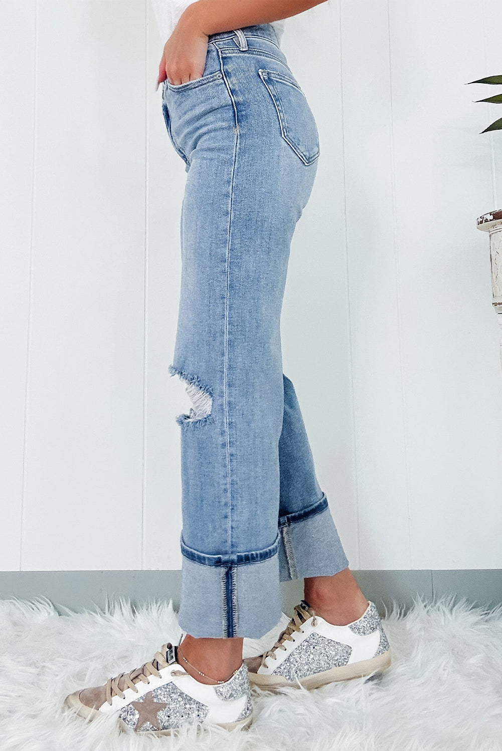  High Rise Asymmetric Ripped Denim