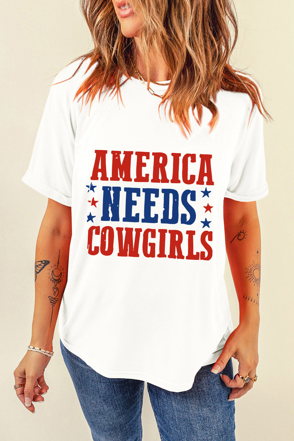 "America Needs Cowgirls" White Graphic T-Shirt