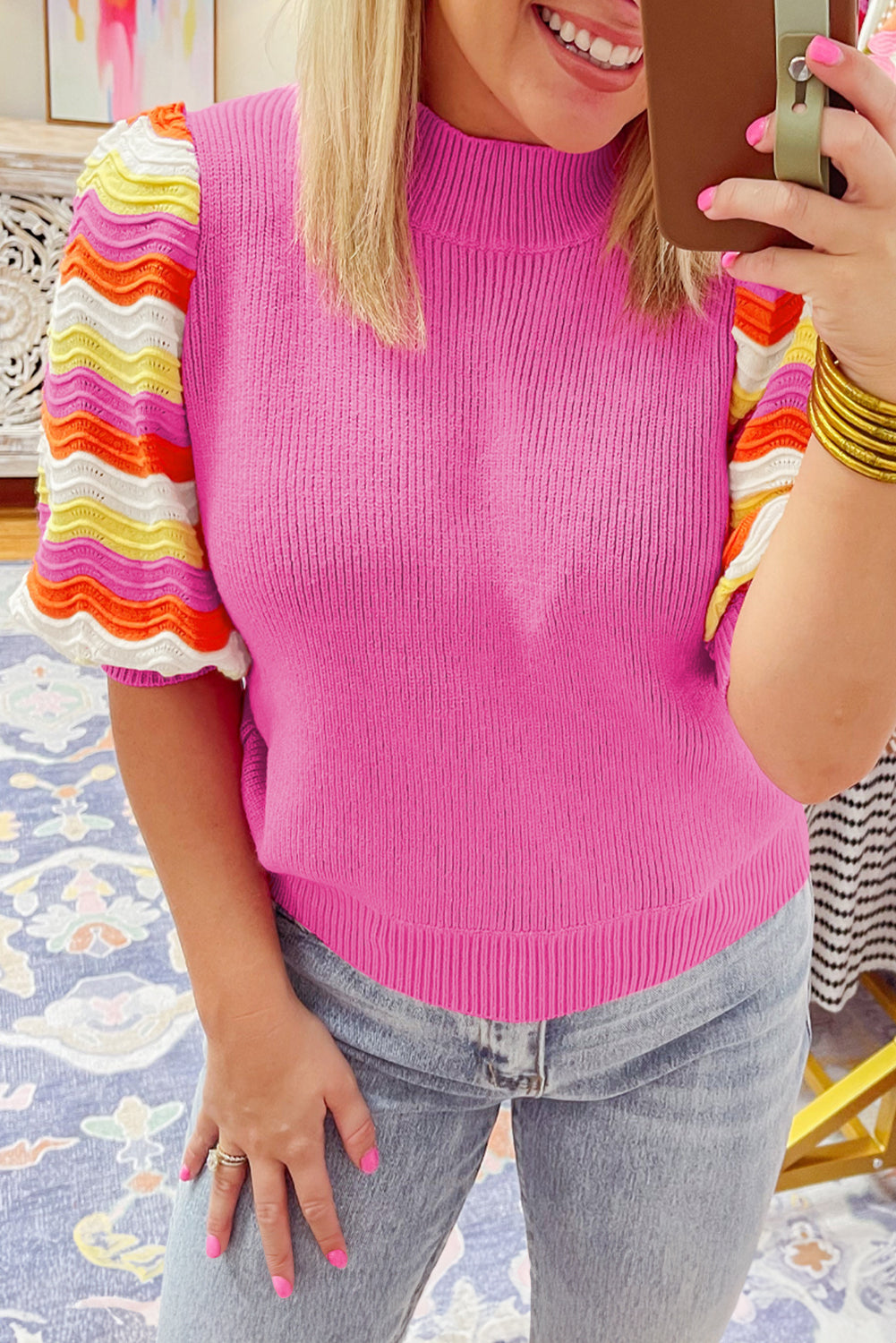 Pink Knit Multicolor Sweater Top