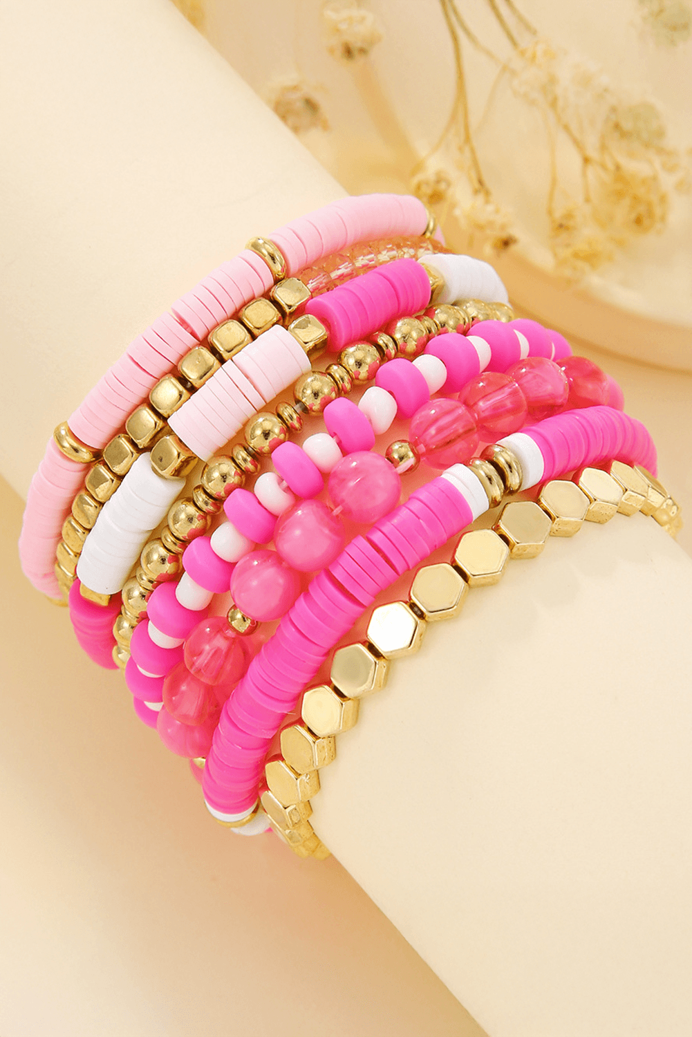 Pink 8pcs Valentine Beaded Elastic Bracelet Set