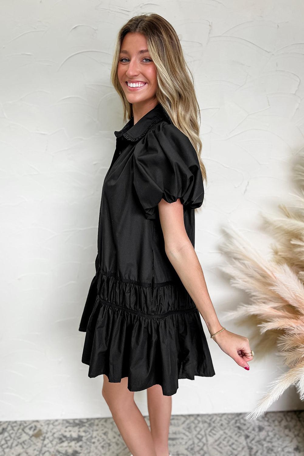 Teri Black Ruffled Shirt Style Dress