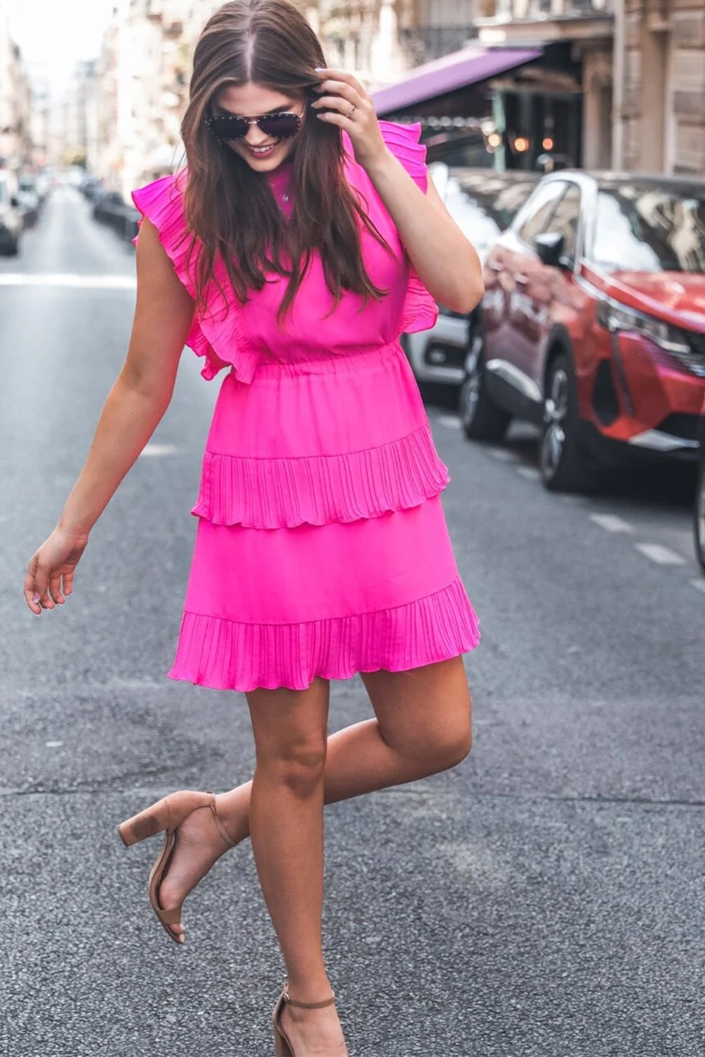 Kendall Pleated Bright Pink Layered Flutter Mini Dress - Klazzi Fashion Boutique