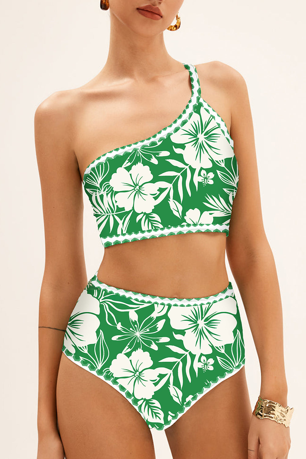 Green Floral One Shoulder Bikini Set