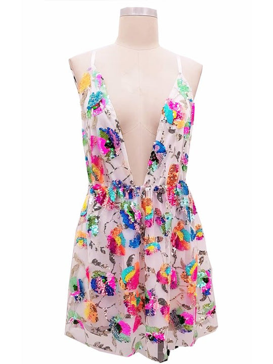 Backless Sequin Floral Strappy Short Dress - Klazzi Fashion Boutique