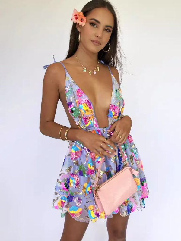 Backless Sequin Floral Strappy Short Dress - Klazzi Fashion Boutique