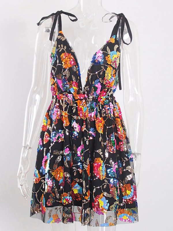 Backless Sequin Floral Strappy Short Dress - Klazzi Fashion Boutique