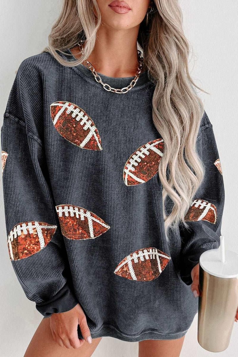 Baggy Gray Sequin Rugby Graphic Sweatshirt - Klazzi Fashion Boutique