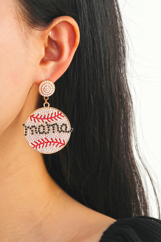 White "Mama" Beaded Baseball Shape Earrings