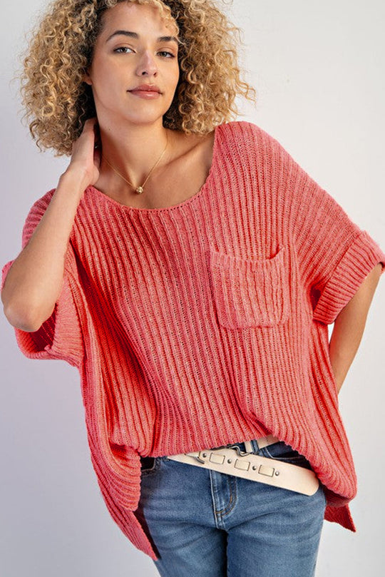  Rolled Cuffs Loose Knit Top 