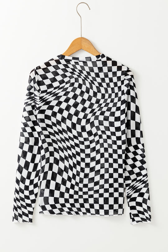 Checkered Sheer Long Sleeve Mesh Top