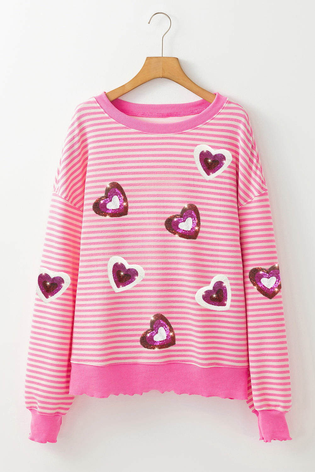 Sequin Pink Stripe Hearts Patches Valentines Sweater