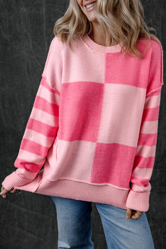 Checkered Pink Two-toned Striped Loose Sweater