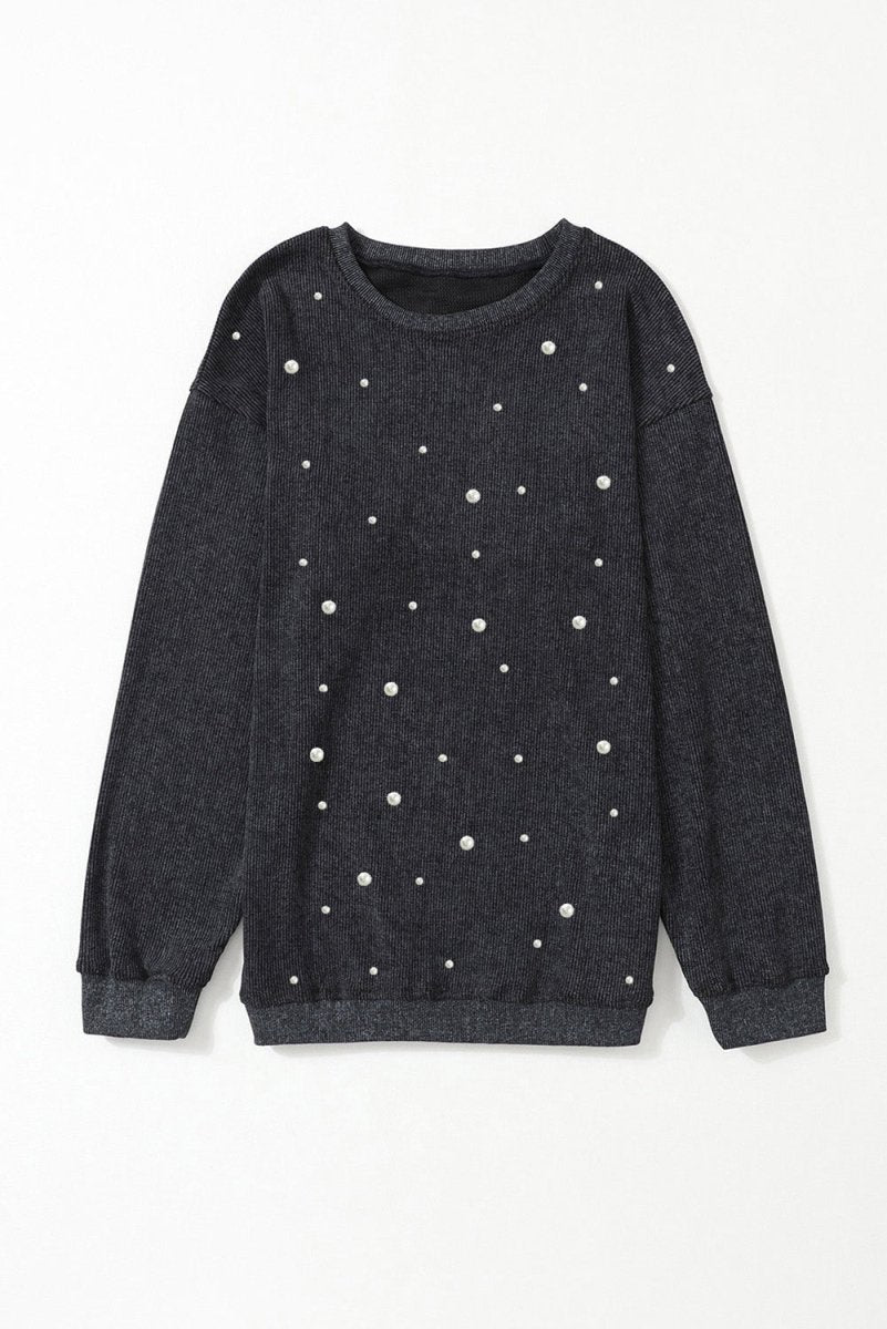 Beaded Pearl Corduroy Sweatshirt - Klazzi Fashion Boutique