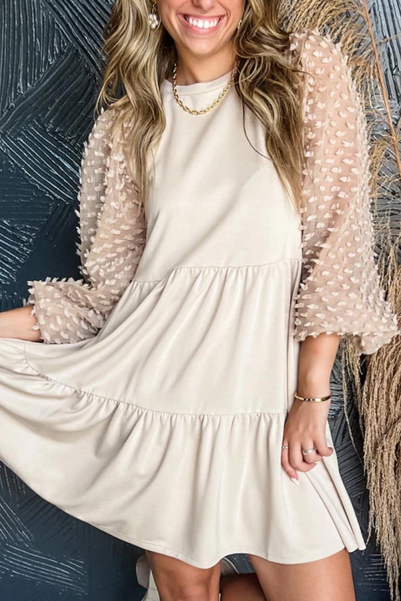 Beige Embellished Tiered Dress - Klazzi Fashion Boutique