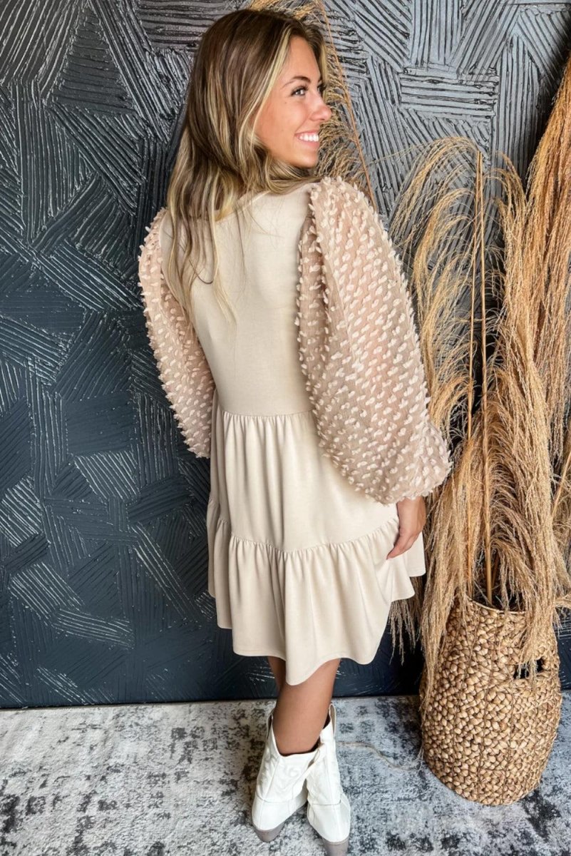 Beige Embellished Tiered Dress - Klazzi Fashion Boutique