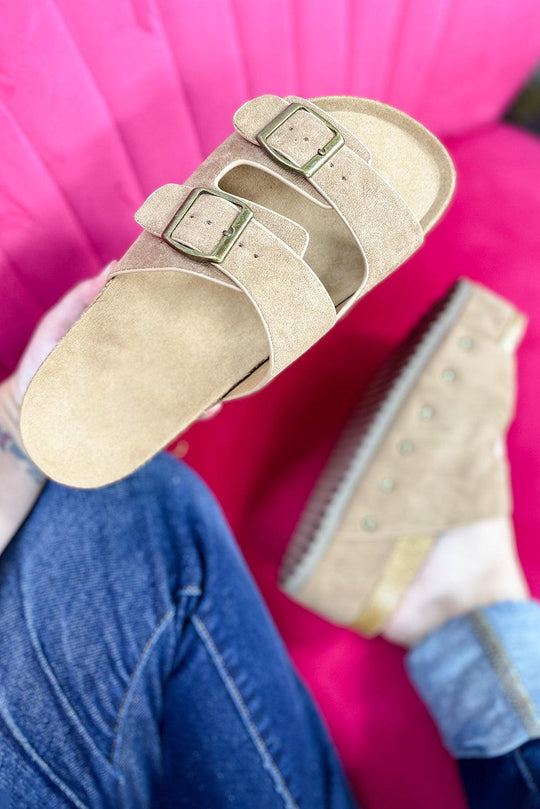 Beige Suede Buckle Platform Sandal 