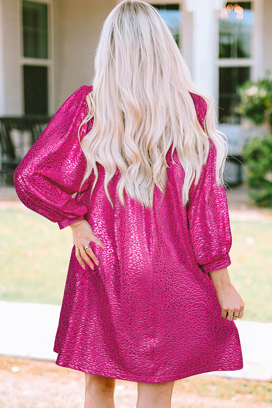  Metallic Hot Pink Leopard Collared Mini Dress