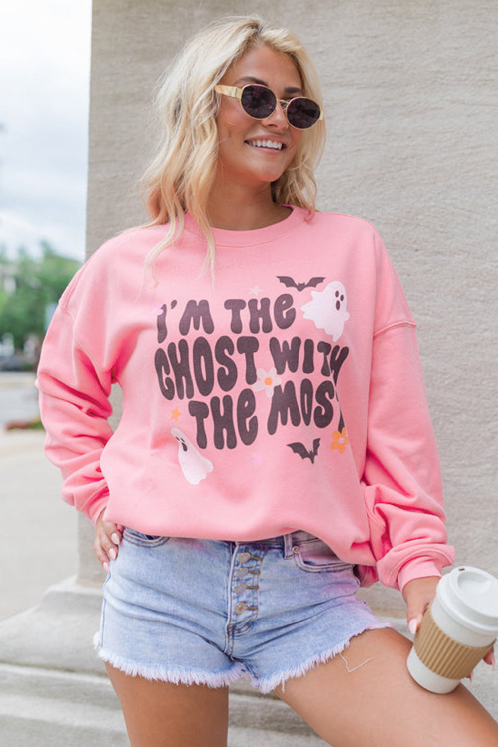 Halloween "Ghost With The Most" Pink Graphic Sweatshirt