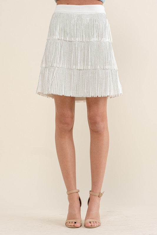 FRINGY RHINESTONE SUEDE SKIRT