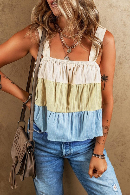 Biege Multi Stripe Tiered Wide Tank Top - Klazzi Fashion Boutique