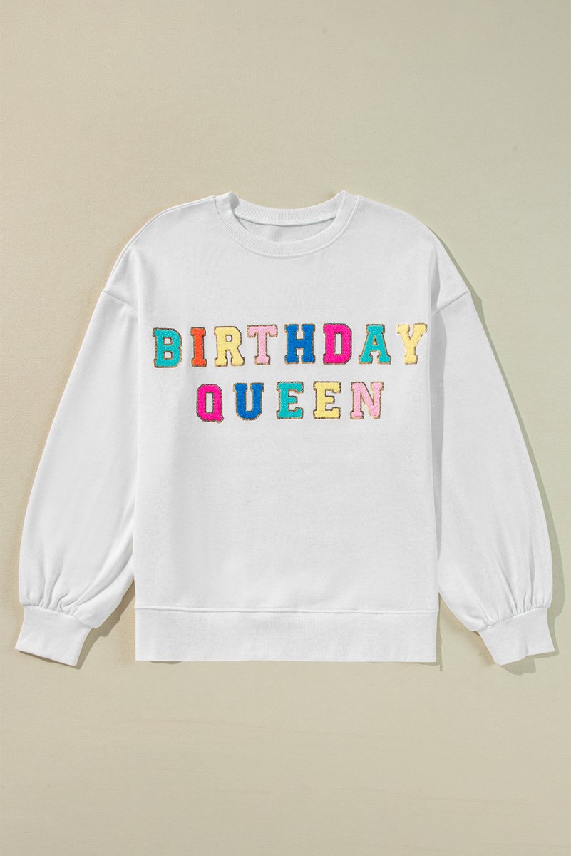 BIRTHDAY QUEEN White Graphic Sweatshirt - Klazzi Fashion Boutique