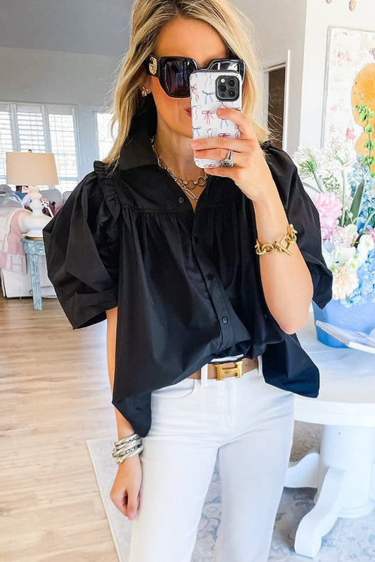 Black Ballon Sleeve Loose Blouse - Klazzi Fashion Boutique