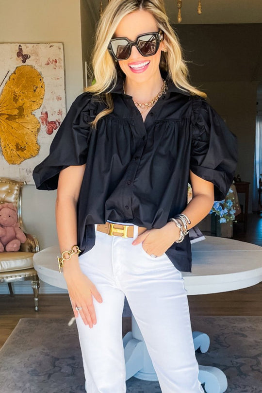 Black Ballon Sleeve Loose Blouse - Klazzi Fashion Boutique