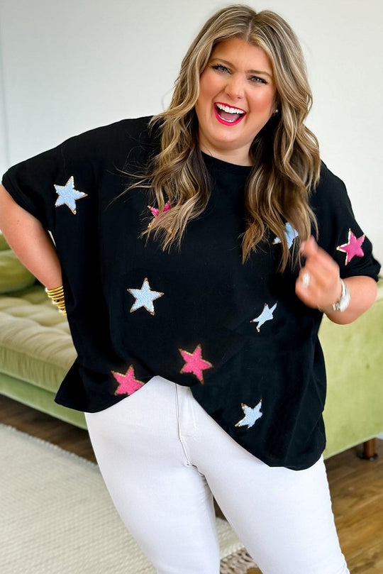 Black Chenille Sequin Stars Plus Size Top - Klazzi Fashion Boutique