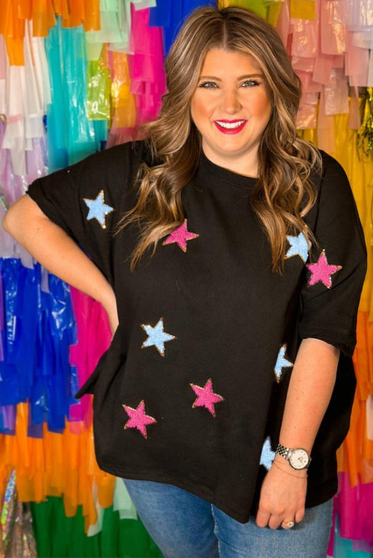 Black Chenille Sequin Stars Plus Size Top - Klazzi Fashion Boutique