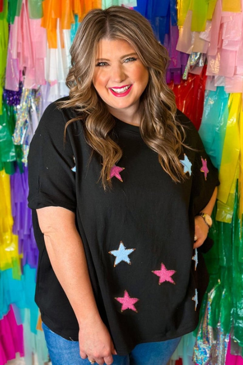 Black Chenille Sequin Stars Plus Size Top - Klazzi Fashion Boutique