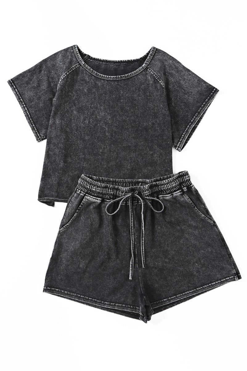 Black Distressed Bleach Short Lounge Set - Klazzi Fashion Boutique