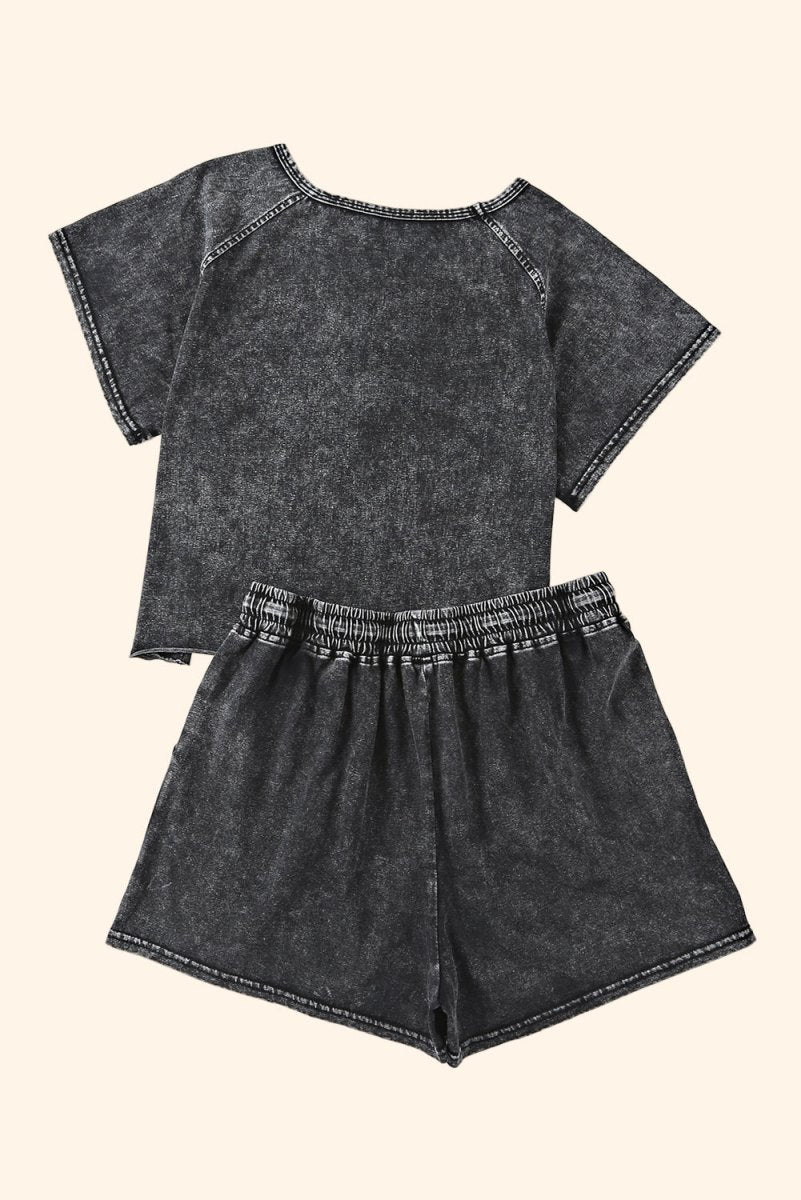 Black Distressed Bleach Short Lounge Set - Klazzi Fashion Boutique