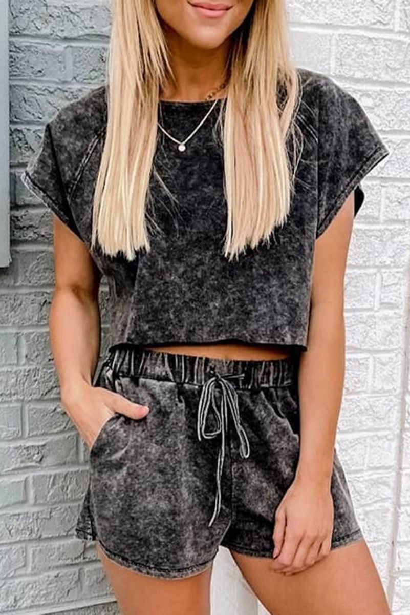 Black Distressed Bleach Short Lounge Set - Klazzi Fashion Boutique