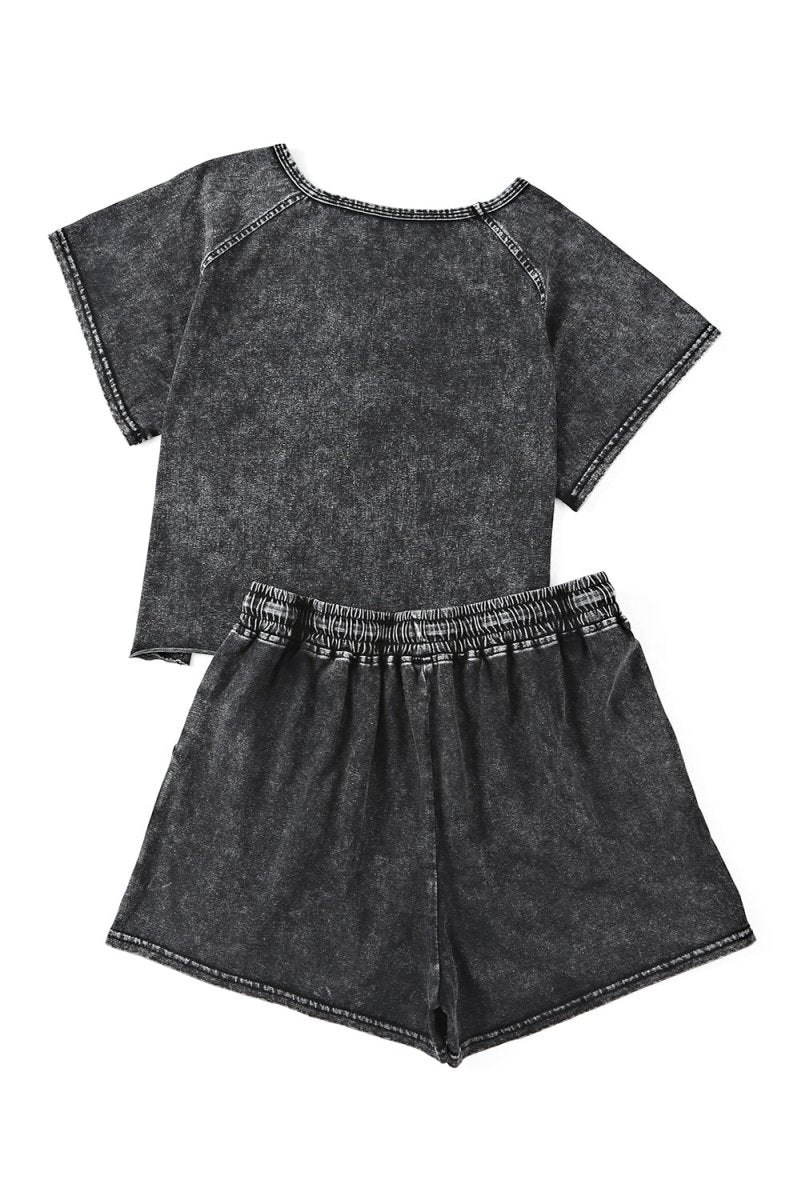 Black Distressed Bleach Short Lounge Set - Klazzi Fashion Boutique