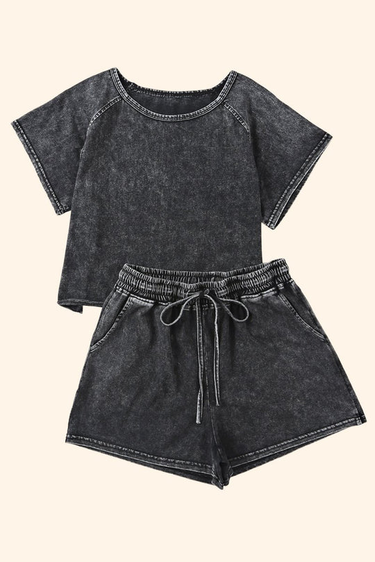 Black Distressed Bleach Short Lounge Set - Klazzi Fashion Boutique