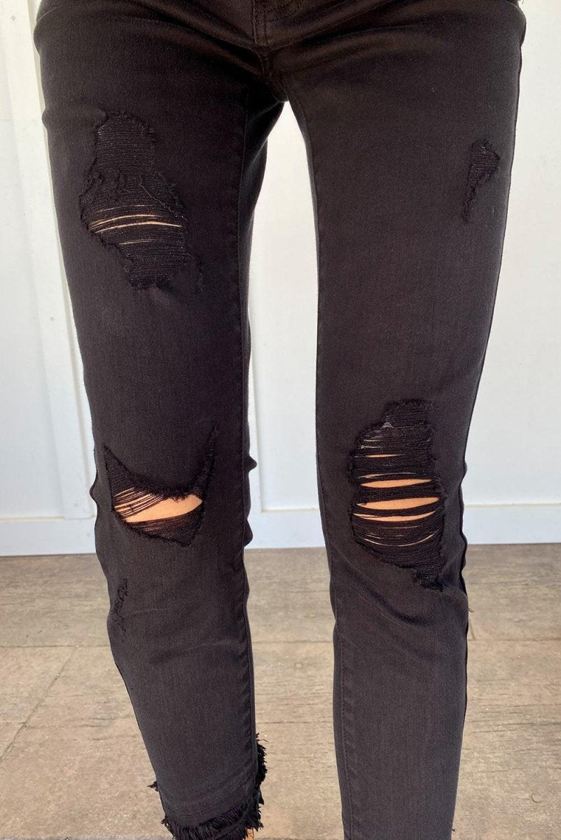 Black Distressed Frayed Cropped Skinny Jeans - Klazzi Fashion Boutique