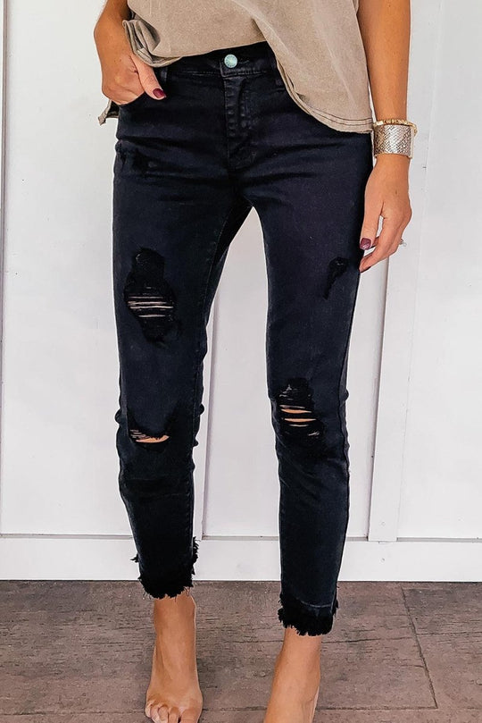 Black Distressed Frayed Cropped Skinny Jeans - Klazzi Fashion Boutique