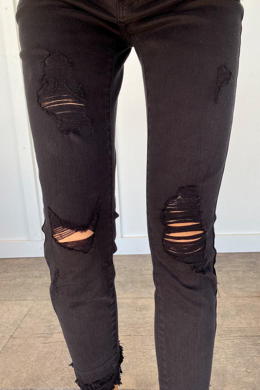 Black Distressed Frayed Cropped Skinny Jeans