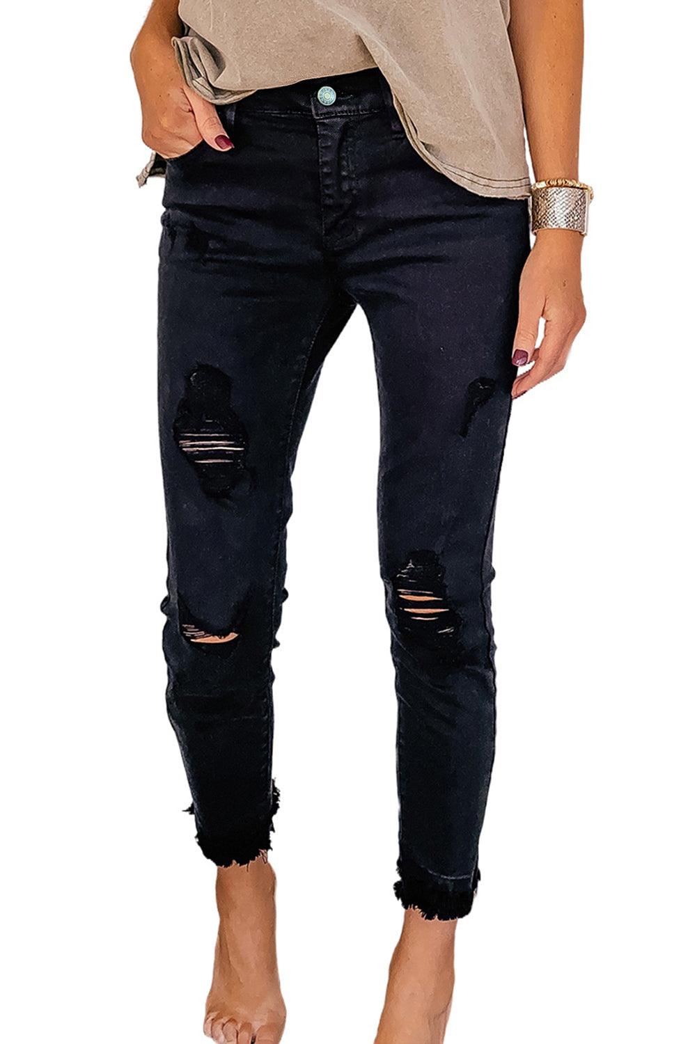 Black Distressed Frayed Cropped Skinny Jeans